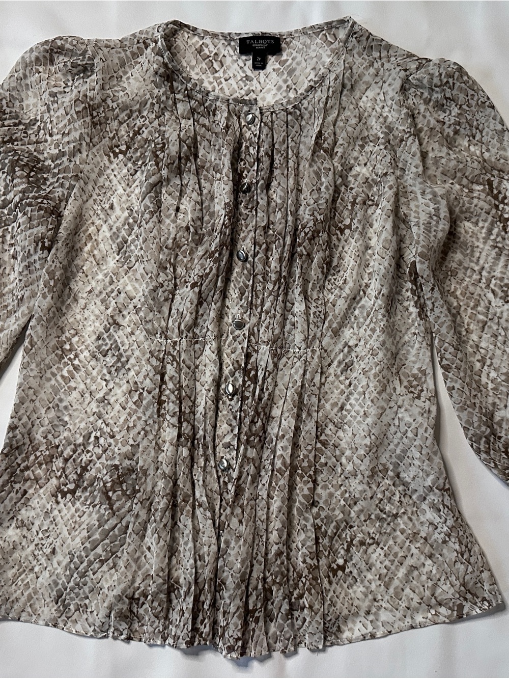 Talbots Taupe and Cream Snake-Print Pleated Button-Front Blouse